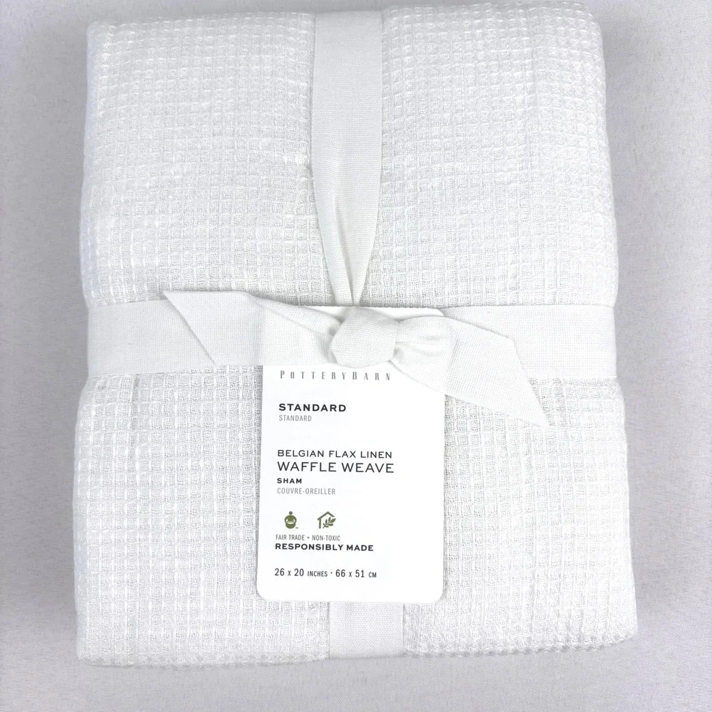 2 Pottery Barn Belgian Flax Linen Waffle Weave STANDARD Pillow Shams White